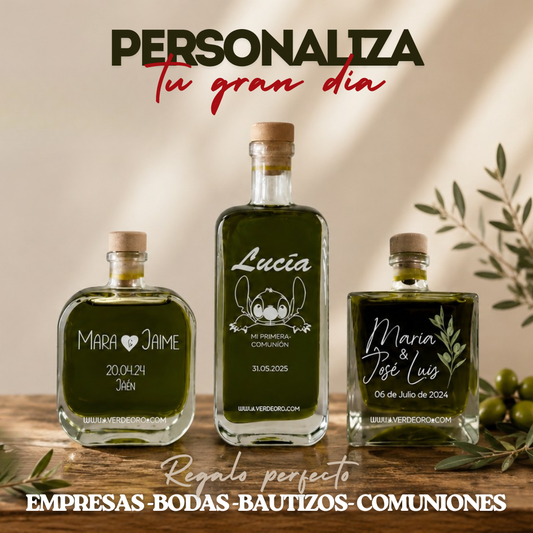Tres botellas de cristal de aceite de oliva personalizadas con los nombres y la fecha del evento, para bodas, bautizos y comuniones